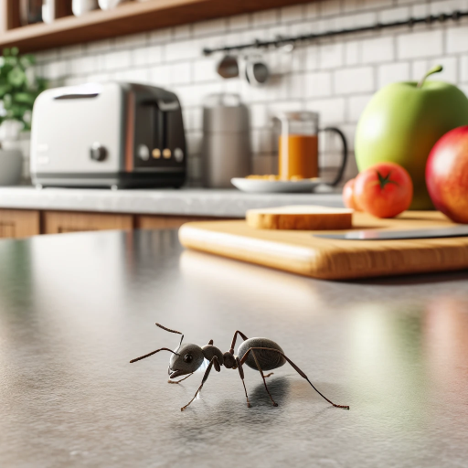 A close-up shot of a single house ant crawling on a clean kitchen island countertop with food preparation items blurred in the background of a Kempsville home