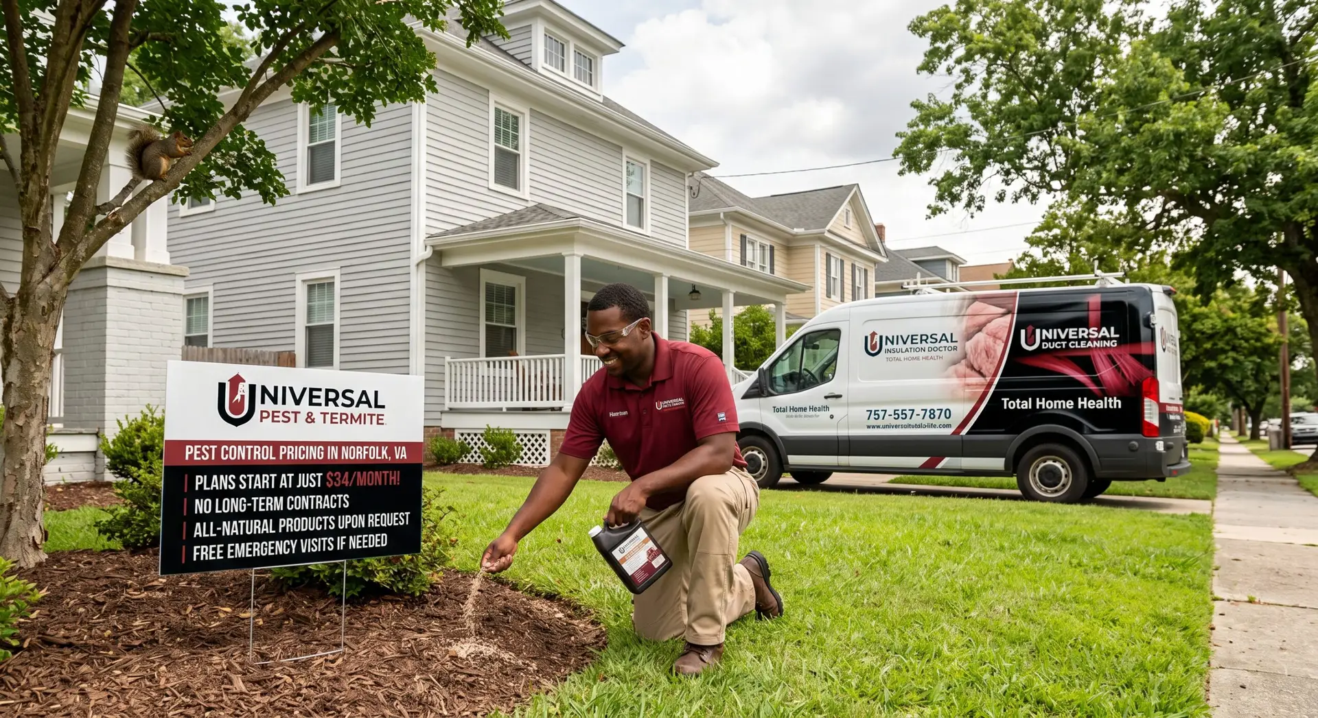 A professional pest control technician in a red polo shirt and khaki pants kneels on a green lawn in a Norfolk, Virginia neighborhood, applying granules to a mulch bed. Next to him, a yard sign reads "Universal Pest & Termite" with a black background listing service features like "$34/month plans" and "no long-term contracts." In the background, a white service van is parked in a driveway, featuring a bold black and red wrap design with logos for "Universal Insulation Doctor" and "Universal Duct Cleaning," under the header "Total Home Health.