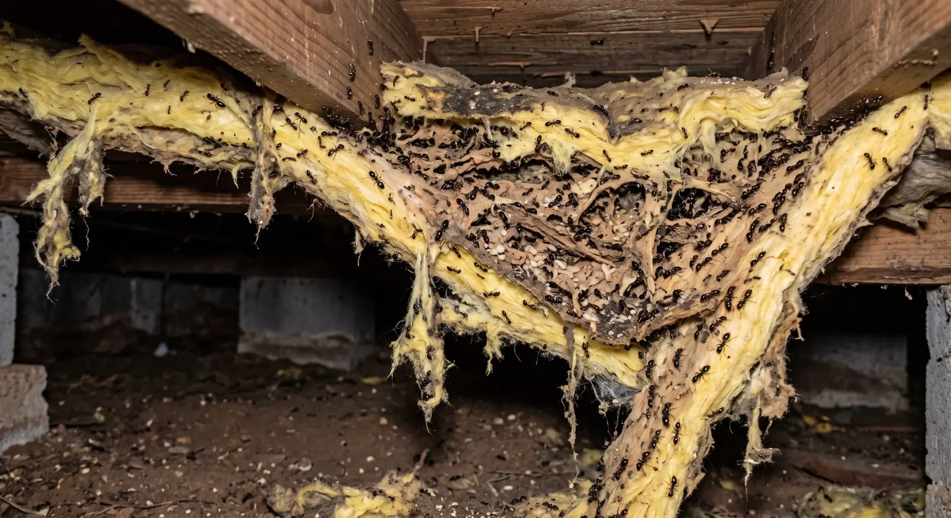Sure! Here is the alt text for the image you provided: **Alt Text:** A medium shot looking up into the dark crawl space under a house. Yellow fiberglass insulation is sagging and falling between wooden floor joists and beams. A large carpenter ant colony is living in and on the damaged insulation. Thousands of black ants are crawling over the surface, and some white eggs are visible near the center of the nest. The dirt floor of the crawl space and concrete block piers are visible in the background. The lighting is low and focused on the infestation.