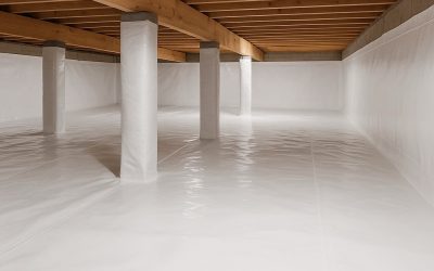 A professionally encapsulated crawlspace in Western Branch, Chesapeake, featuring a clean white 20-mil vapor barrier completely sealing the dirt floor, foundation walls, and support pillars below pristine wooden floor joists