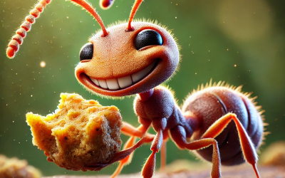 Cartoon ant smiling while eating food from a kitchen counter top in Virginia beach.