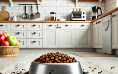 A silver dog food bowl overflowing with kibble on a kitchen floor, surrounded by a swarm of ants inside a home in the Green Run area of Virginia Beach