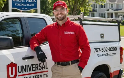 A friendly Universal Pest & Termite technician standing with a company service truck in Virginia Beach, providing local ant extermination services across Ashville Park and the Great Neck corridor