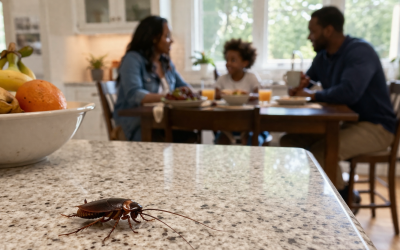 A cockroach crawling across a clean kitchen countertop in the foreground while a family sits together at the kitchen table in the background, highlighting the risk of hidden pest infestations inside the home.