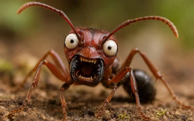 **Alt Text:** Funny close-up of a cartoon-style ant with a crazy facial expression and oversized eyes, representing aggressive summer ant infestations in homes throughout the Kempsville section of Virginia Beach, VA.