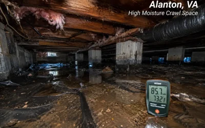 Water-saturated crawl space beneath a home in the Alanton neighborhood of Virginia Beach, showing standing water, wet foundation piers, damaged insulation, and elevated humidity levels. This image highlights severe crawl space moisture conditions that can contribute to wood rot, mold growth, structural damage, and termite activity in Hampton Roads homes.