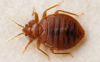 Educational infographic showing what bed bug bites look like, including common bite patterns, bite locations on the body, signs of a bed bug infestation, and health concerns associated with bed bugs. Features images of bed bugs, bite clusters, blood spots on bedding, shed skins, and information from Universal Pest & Termite for Hampton Roads homeowners.