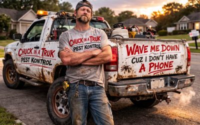 Man leaning on rusty pest control truck