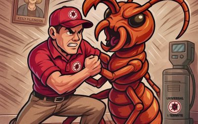An illustrated Universal Pest & Termite technician in a red uniform and cap wrestling a giant cartoon pavement ant inside a home in Bayside, Virginia Beach