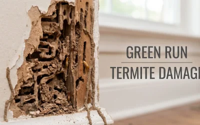 A detailed, close-up photograph capturing severe subterranean termite damage inside a home. On the left, a section of wall shows crumbling, tunnel-filled wood framing revealed behind peeling drywall. Distinct mud tubes traverse the damaged area, and small, live termites are visible within the galleries. The background on the right is softly blurred natural light. Integrated neatly on the right side, sleek gray text reads "GREEN RUN TERMITE DAMAGE," separated by a thin horizontal line.