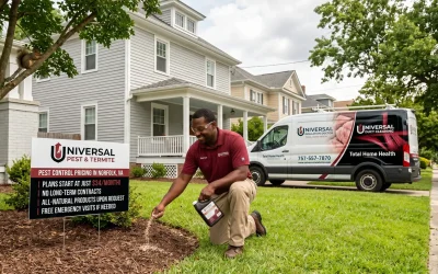 A professional pest control technician in a red polo shirt and khaki pants kneels on a green lawn in a Norfolk, Virginia neighborhood, applying granules to a mulch bed. Next to him, a yard sign reads "Universal Pest & Termite" with a black background listing service features like "$34/month plans" and "no long-term contracts." In the background, a white service van is parked in a driveway, featuring a bold black and red wrap design with logos for "Universal Insulation Doctor" and "Universal Duct Cleaning," under the header "Total Home Health.