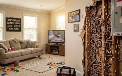 Hidden termite infestation revealed inside a living room wall, showing hollowed-out wood framing and a Universal Pest & Termite service bag, illustrating why annual termite evaluations are necessary.