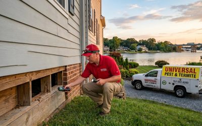 A Universal Pest & Termite inspector using a moisture meter to check for wood rot and termite damage on a home's rim joist along the waterfront in Western Branch, Chesapeake