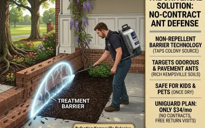 An exterior view of a technician treating thick landscaping mulch around the brick foundation of an established home in the Kempsville neighborhood of Virginia Beach to eliminate sugar ants.