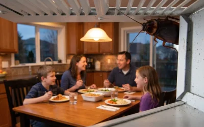 A low-angle, extreme close-up view from inside a dirty air vent shows a large cockroach perched on the edge of the opening, peering out. Its long antennae reach into the living space. In the background, out of focus, a family of four—a man, a woman, and two children—is sitting together around a kitchen table, eating dinner and smiling. The kitchen is visible, featuring wooden cabinets and warm overhead lighting. The view is partially framed by the white louvers of the vent.