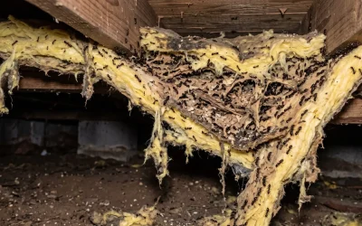 Sure! Here is the alt text for the image you provided: **Alt Text:** A medium shot looking up into the dark crawl space under a house. Yellow fiberglass insulation is sagging and falling between wooden floor joists and beams. A large carpenter ant colony is living in and on the damaged insulation. Thousands of black ants are crawling over the surface, and some white eggs are visible near the center of the nest. The dirt floor of the crawl space and concrete block piers are visible in the background. The lighting is low and focused on the infestation.