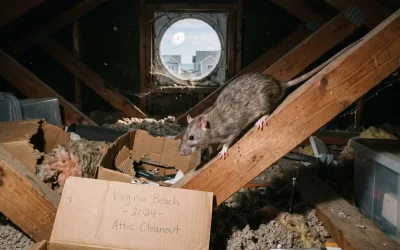 A close-up, dramatic photograph of a sleek Roof Rat perched on a weathered wooden roof fascia board against a bright, warm summer sky. The rat's features, whiskers, and tail are sharply defined as it looks toward the corner of a house. The background shows softly blurred green coastal tree branches bathed in afternoon sunlight. Positioned cleanly on the right side of the image, modern gray text reads "SUMMER RODENT INFESTATIONS IN COASTAL VIRGINIA BEACH," underlined by a thin horizontal line