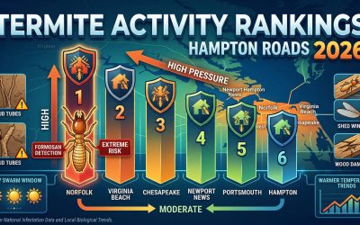A diagram showing which cities in Hampton Roads has the most termite activity such as Virginia Beach, Chesapeake and Norfolk.