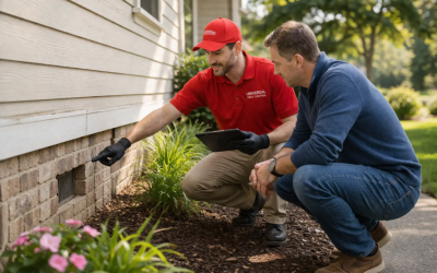 A professional Universal Pest Control technician in a red uniform and black gloves points out a foundation vent to a homeowner during an inspection. In the background, iconic Hampton Roads scenery represents service areas like Virginia Beach and Chesapeake, showcasing the local expertise provided to the coastal Virginia region.
