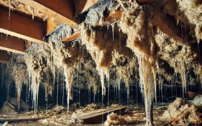 A severely flooded crawlspace in Las Gaviotas, Virginia Beach, featuring sagging, water-logged fiberglass insulation dripping with heavy moisture over standing ground water and exposed floor joists