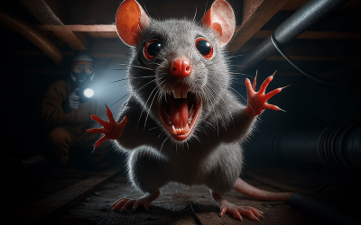 Close-up rat lunging in dark crawlspace
