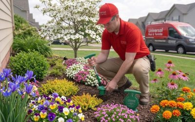 A Universal Pest & Termite technician in a red uniform installs a Sentricon termite bait station into a landscaped garden bed at a home in Suffolk, Virginia. A branded service van is visible on the street behind a blooming dogwood tree, representing professional termite control services in the Suffolk and Nansemond River area.