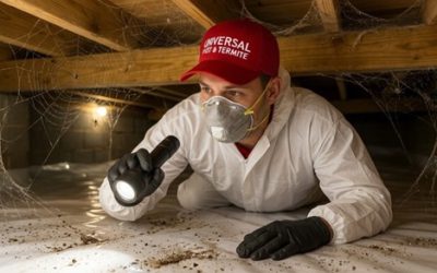 A professional Universal Pest & Termite inspector in a white safety suit and respirator conducting a meticulous subterranean termite inspection in a Virginia home's crawl space. Universal Pest & Termite offers these thorough inspections at no charge across Hampton Roads