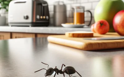 A close-up of a large black ant crawling on a clean kitchen countertop in a Chesapeake home, with a toaster, cutting board, and fruit blurred in the background