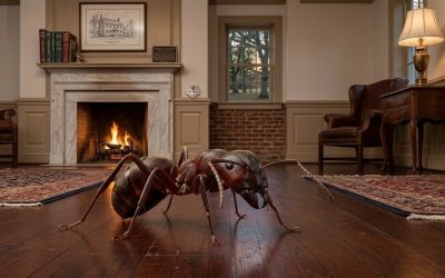 A massive, detailed carpenter ant crawling on hardwood flooring inside a historic, traditional living room with a fireplace in the Thoroughgood neighborhood of Virginia Beach.