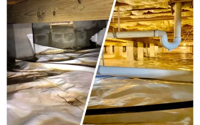 Before-and-after crawl space encapsulation project in the Great Neck section of Virginia Beach, VA. The left image shows a crawl space with a damaged vapor barrier, exposed masonry supports, and signs of moisture intrusion. The right image shows the completed crawl space encapsulation featuring a professionally installed heavy-duty vapor barrier, sealed support piers, and a clean, dry environment designed to help control moisture and protect the home's structure.