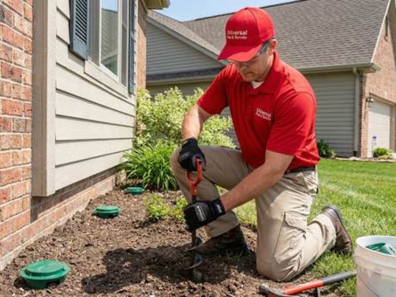 Certified Universal Pest & Termite technician installing the Sentricon Termite Colony Elimination System bait stations around a residential Virginia Beach home foundation