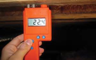 A hand holding an orange digital moisture meter against a wooden crawl space subfloor joist in Virginia Beach, displaying a high reading of 22.4%.