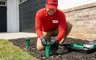 Pest control technician installs green yard termite bait stations in Hampton Roads
